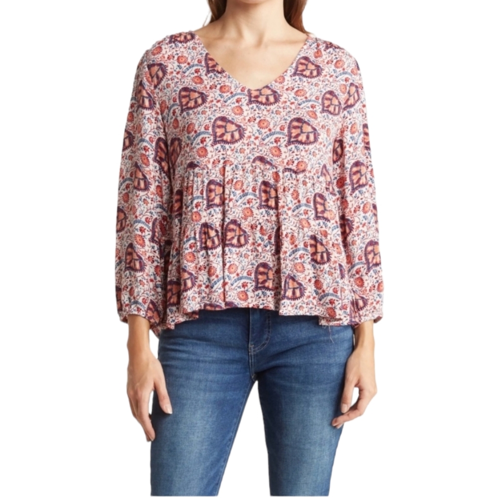 Lucky Brand Boho Victoria Long Sleeve Baby Doll Flowy High/Low Hem Top EUC sz L